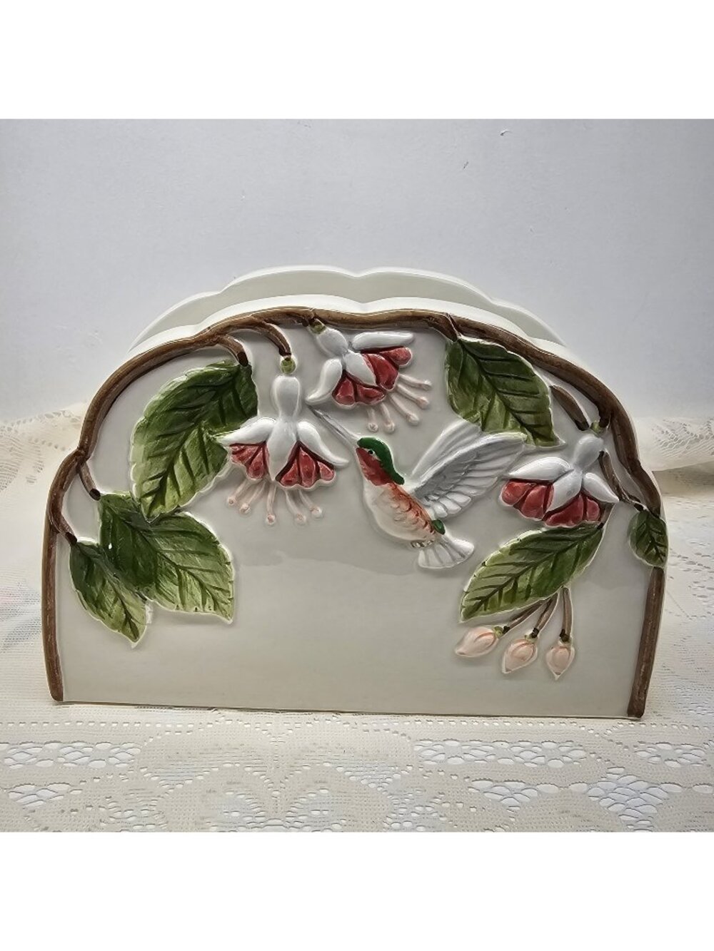 VTG Otagiri Japan Hummingbird Fuchsia Flower Sculpted Ceramic Napkin Holder 3D